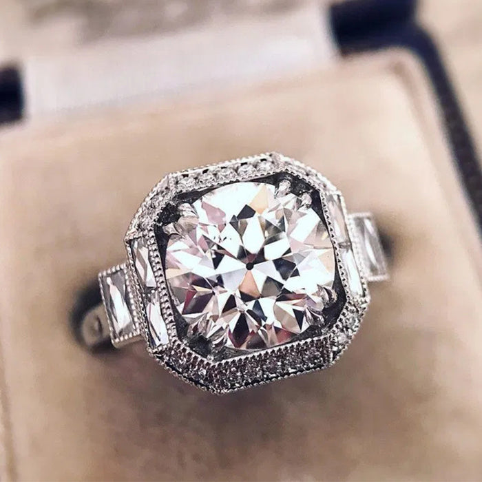 Antique Silver Round Halo Crystal Ring in Polished Metal