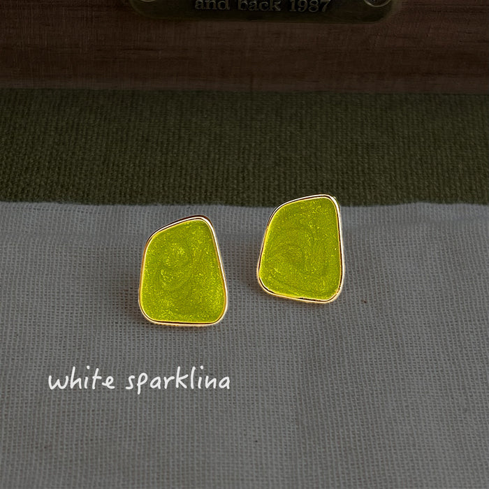 Gold Tone Lime Green Irregular Enamel Stud Earrings For Women