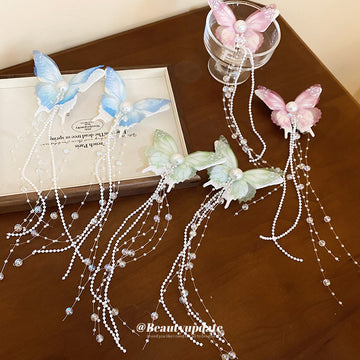 Green Pink Or Blue Sheer Butterfly Hair Clip With Long Bead Chains
