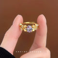 Gold-Tone Open Ring Purple Oval Crystal Leaf Accents view 3