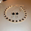 Gold Tone Round Stone Necklace And Earring Set In Green Or Black view 7