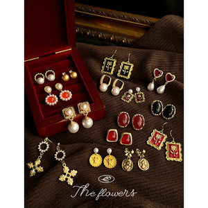 Vintage Gold Pearl Red Heart Oval Assorted Drop Earrings