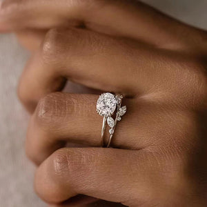 Silver-Tone Double Band Ring with Oval Stone and Leaf Branch