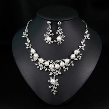 Black Silver Tone Pearl Crystal Branch Crystal Pearl Look Metal Necklace and Earring Set