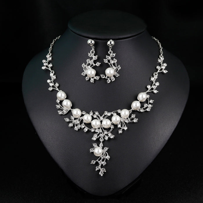 Black Silver Tone Pearl Crystal Branch Crystal Pearl Look Metal Necklace and Earring Set