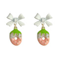 White Bow Strawberry Enamel Drop Earrings Gold Seed Accents view 5
