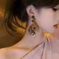 Brown Marbled Leaf Drop Earrings with Green Accent view 4
