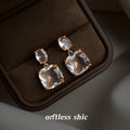 Gold Tone Clear Double Stone Square Drop Stud Earrings view 3