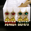 Gold Tone Bell Jhumka Earrings Red Green Crystal Pearl Tassels view 1