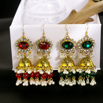 Gold Tone Bell Jhumka Earrings Red Green Crystal Pearl Tassels