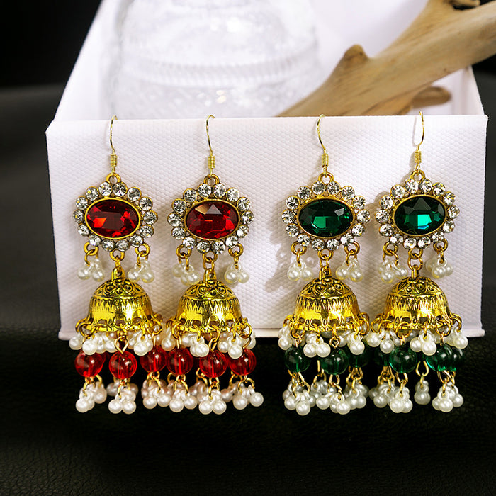 Gold Tone Bell Jhumka Earrings Red Green Crystal Pearl Tassels