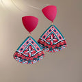 Red Patterned Triangle Drop Earrings With Beaded Trim view 6