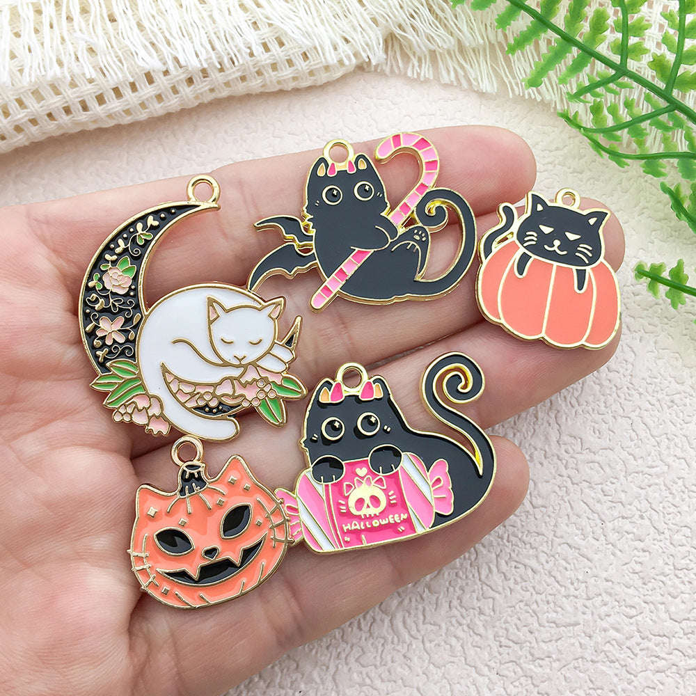 Zinc Alloy Pumpkin Bat Candy Ghost Black Cat Charm Pendant for DIY Halloween Jewelry