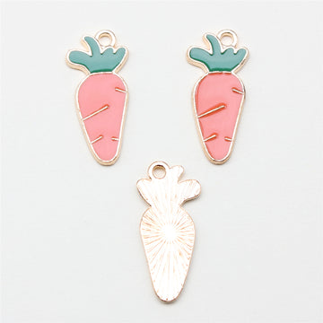 Pink Carrot Enamel Charm with Green Leaf Detail and Gold Tone Edge