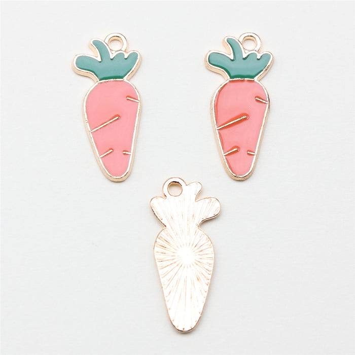 Pink Carrot Enamel Charm with Green Leaf Detail and Gold Tone Edge