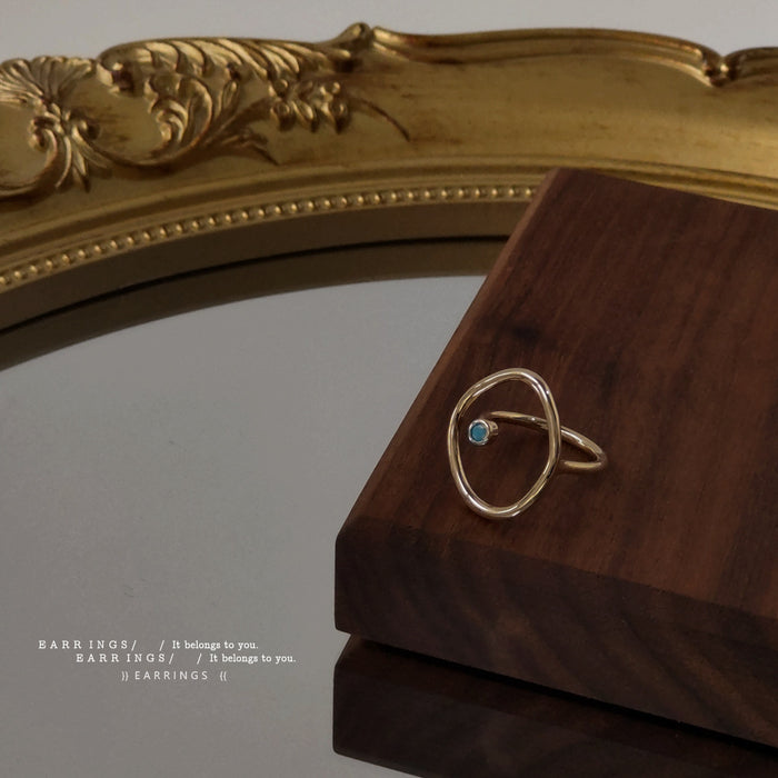 Gold Open Geometric Oval Ring With Tiny Teal Stone