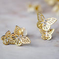 Gold Tone Double Butterfly Stud Earrings With Clear Stones view 3