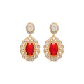 Gold Tone Red Oval Crystal Halo Drop Stud Earrings view 5