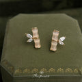Gold Glass Cats Eye Bamboo Segment Stud Earrings CZ Leaves view 3