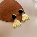 Gold Mermaid Tail Drop Earrings Black Circle Stud Tops view 4