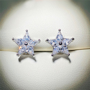 Five Point Star Stud Earrings Clear Stones Silver Tone
