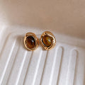 Brown Cabochon Irregular Gold Tone Statement Stud Earrings view 6