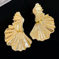 Gold Textured Folded Fan Statement Stud Earrings With Ridges view 6