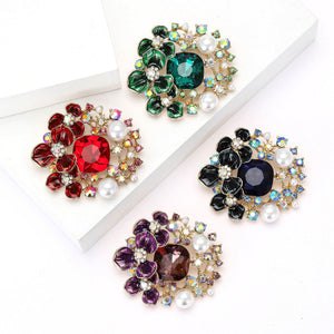 Enamel Flower Brooch with Rhinestones and Faux Pearls, Four Colors