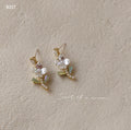 Gold-Tone Mother of Pearl Flower Green Leaf Drop Earrings view 6