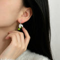 Silver Tone Crystal Leaf and Green Cherry Drop Earrings view 2