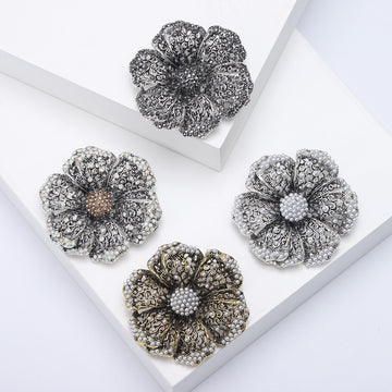 Openwork Flower Brooch Black Silver White or Gold Metal Pin Brooch