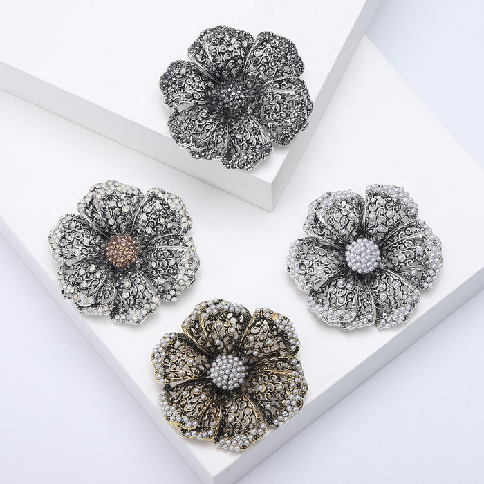 Openwork Flower Brooch Black Silver White or Gold Metal Pin Brooch