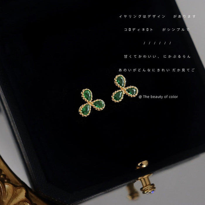 Gold Tone Green Teardrop Clover Zircon Mini Stud Earrings