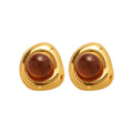 Gold Tone Rounded Square Stud Earrings with Brown Centers view 5
