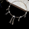 Silver Pearl Rhinestone Chain Tassel Choker Necklace view 6