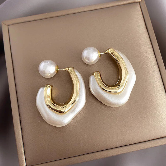 Gold Tone Curved Stud Earrings With Pearl Accent Backs