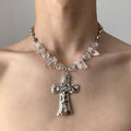 Silver Hammered Cross Pendant Necklace Clear Crystal Beads view 2