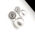 Pearl-Like Drop Stud Earrings With Round Clear Stone Halos view 6
