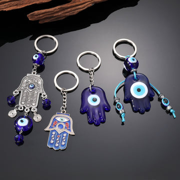 Silver Tone Blue Hamsa Evil Eye Split Ring Keychains