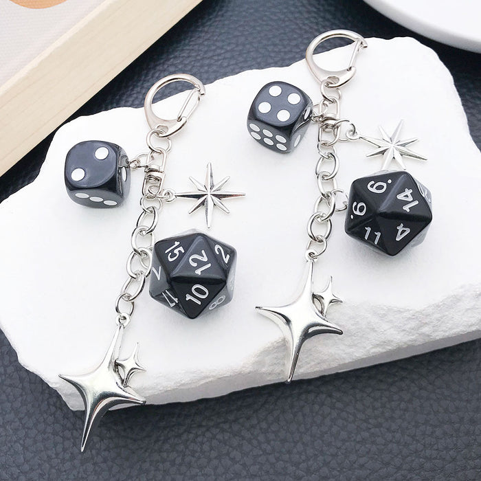 Black Polyhedral Dice and Four Point Star Clasp Keychain