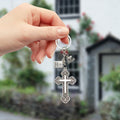 Silver Tone Ornate Cross and Scripture Keychain and Attached Hardware view 2