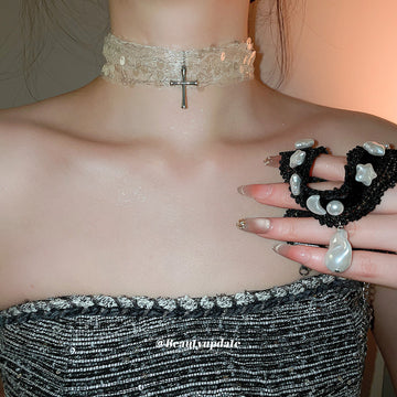 Black and White Lace Choker Necklace with Cross Pendant