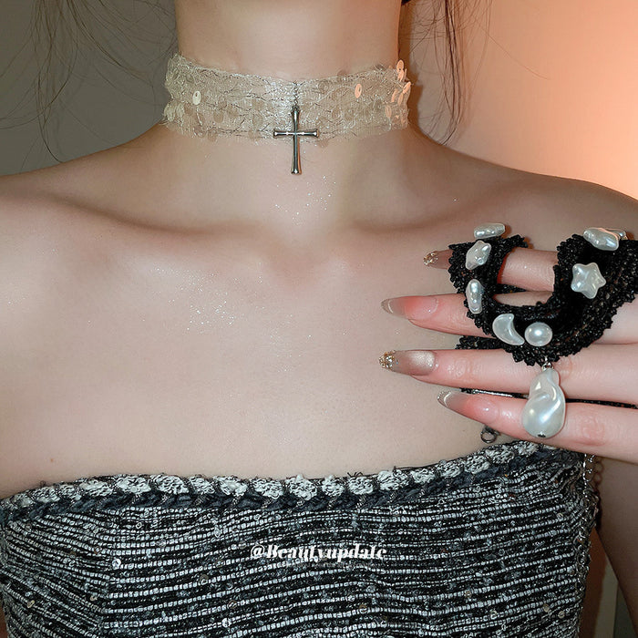 Black and White Lace Choker Necklace with Cross Pendant