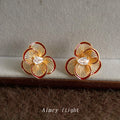 Gold Fan Petal Flower Stud Earrings Burgundy Rim CZ view 1