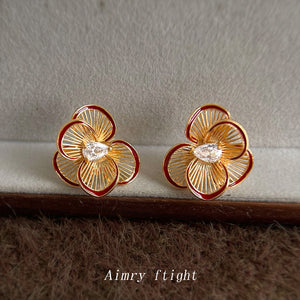 Gold Fan Petal Flower Stud Earrings Burgundy Rim CZ