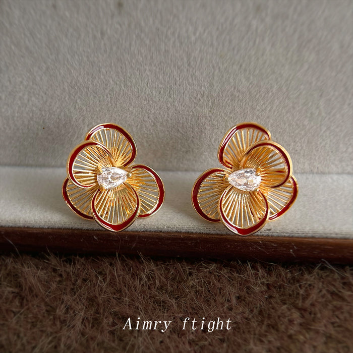 Gold Fan Petal Flower Stud Earrings Burgundy Rim CZ