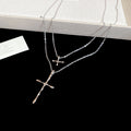 Layered Silver Tone Double Cross Pendant Chain Necklace view 2