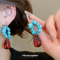Turquoise Blue Chip Hoop and Deep Red Teardrop Earrings view 2