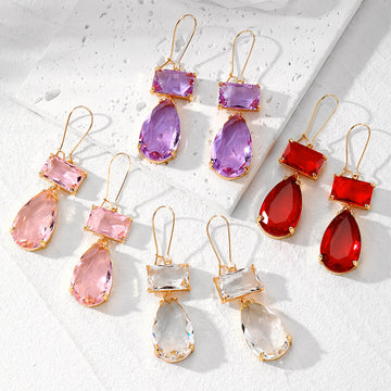 Rectangle and Teardrop Double Glass Dangle Earrings 4 Colors