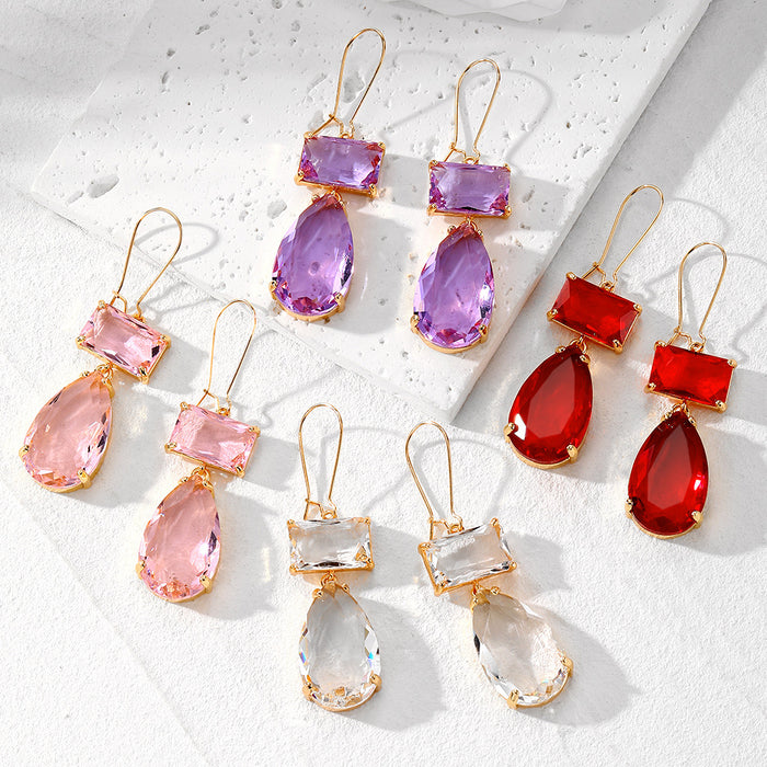 Rectangle and Teardrop Double Glass Dangle Earrings 4 Colors